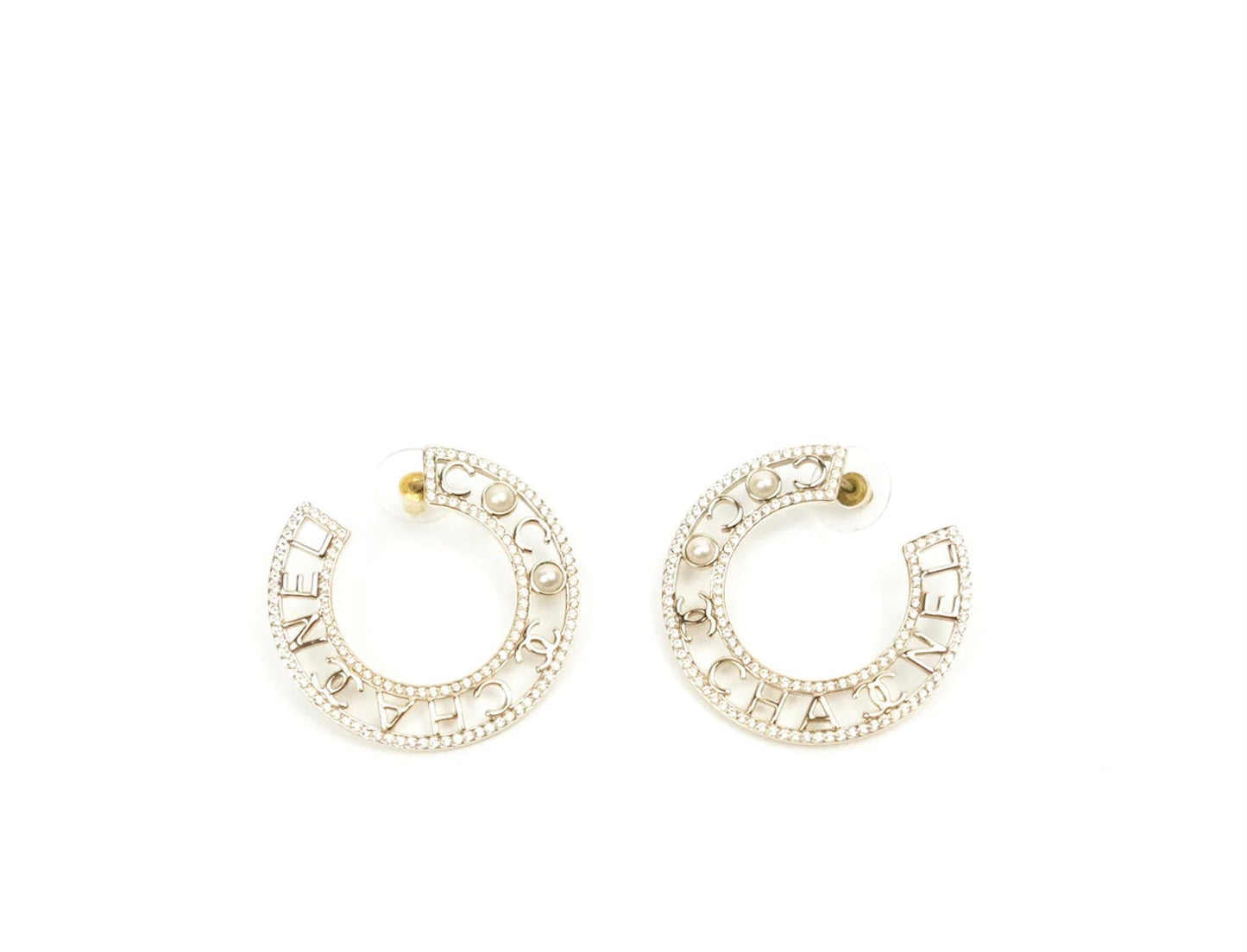 CHANEL CRYSTAL PEARL CC HOOP EARRINGS