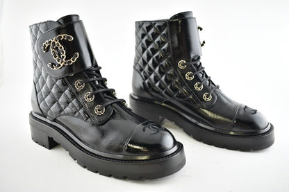 CHANEL SHINY CALFSKIN QUILTED COMBAT CHAIN BOOTS