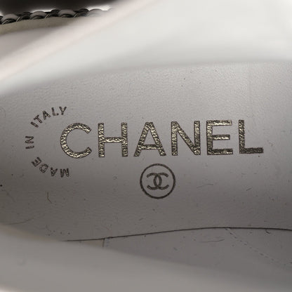 CHANEL CRAKLED CALFSKIN LEATHER PEARL CHAIN CC COMBAT BOOTS