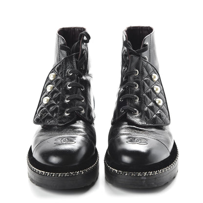 CHANEL CRACKLED CALFSKIN LEATHER VELVET PEARL COMBAT BOOTS