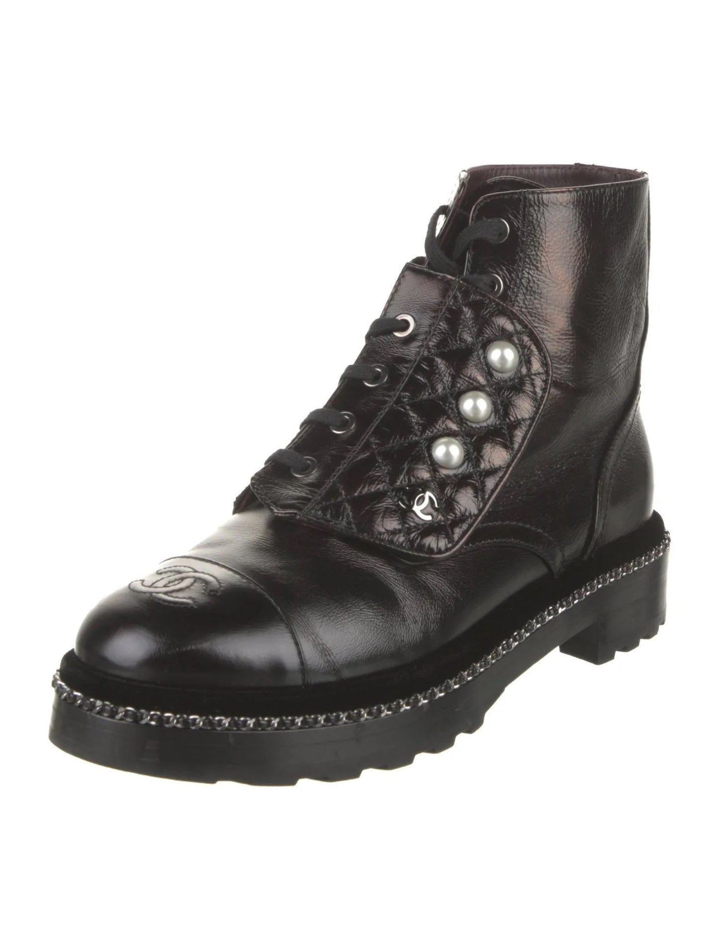 CHANEL CRACKLED CALFSKIN LEATHER VELVET PEARL COMBAT BOOTS