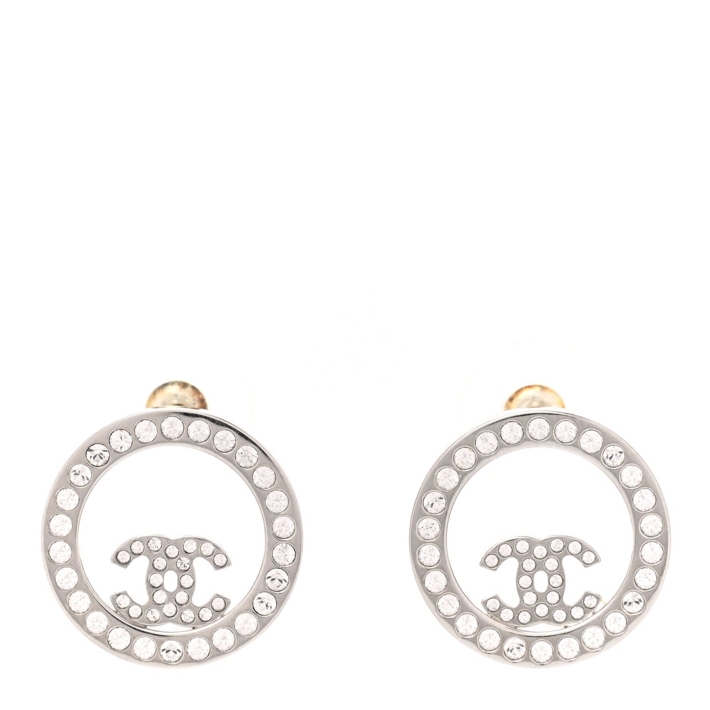 CHANEL CC CRYSTAL ROUND SILVER STUD EARRINGS