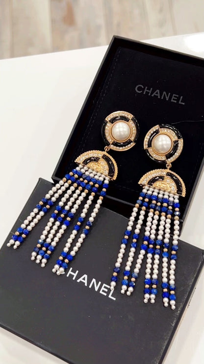 CHANEL LAPIS LAZULI FAUX PEARL & STRASS CC CHANDELIER EARRINGS