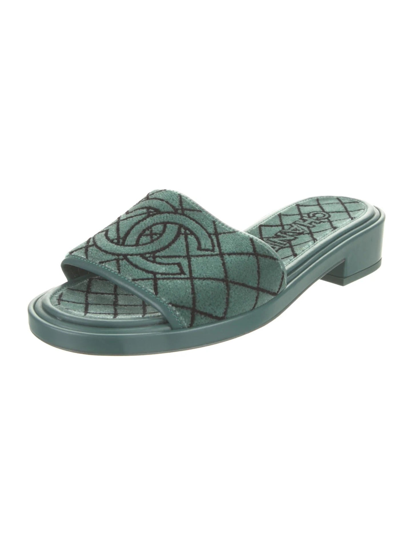 CHANEL CC EMROIDERED FABRIC & CALFSKIN SLIDE MULES