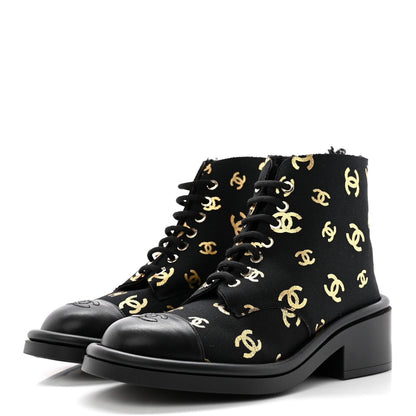 CHANEL LAMBSKIN CANVAS CC LACE-UP BOOTS