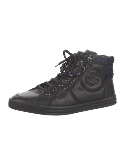 CHANEL LAMBSKIN LEATHER TWEED ZIPPED HI-TOP SNEAKERS