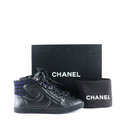 CHANEL LAMBSKIN LEATHER TWEED ZIPPED HI-TOP SNEAKERS
