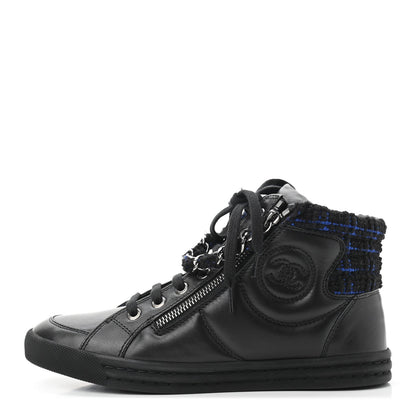 CHANEL LAMBSKIN LEATHER TWEED ZIPPED HI-TOP SNEAKERS