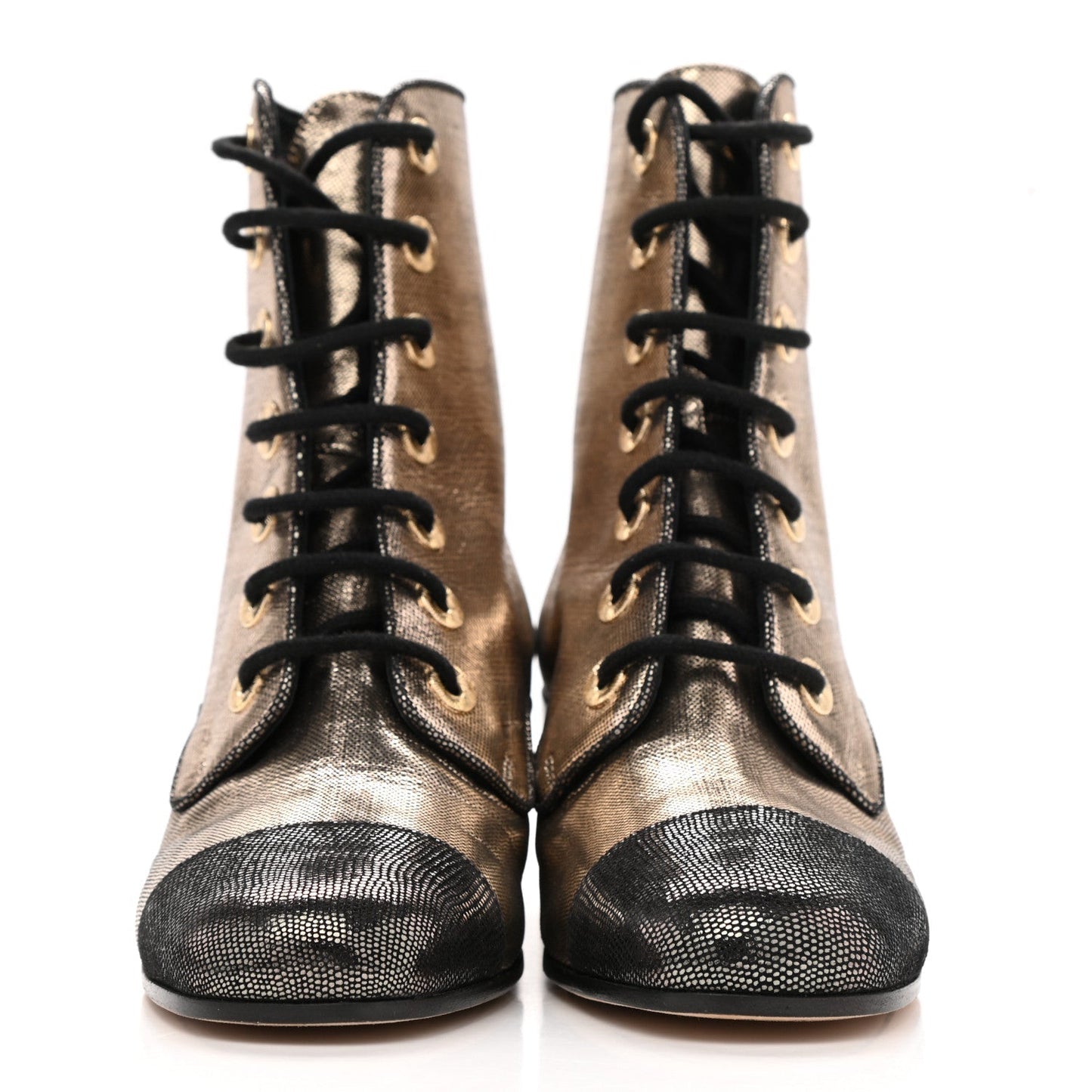 CHANEL LAMINATED CALFSKIN CC LACE-UP BOOTS