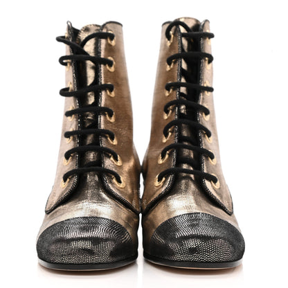 CHANEL LAMINATED CALFSKIN CC LACE-UP BOOTS