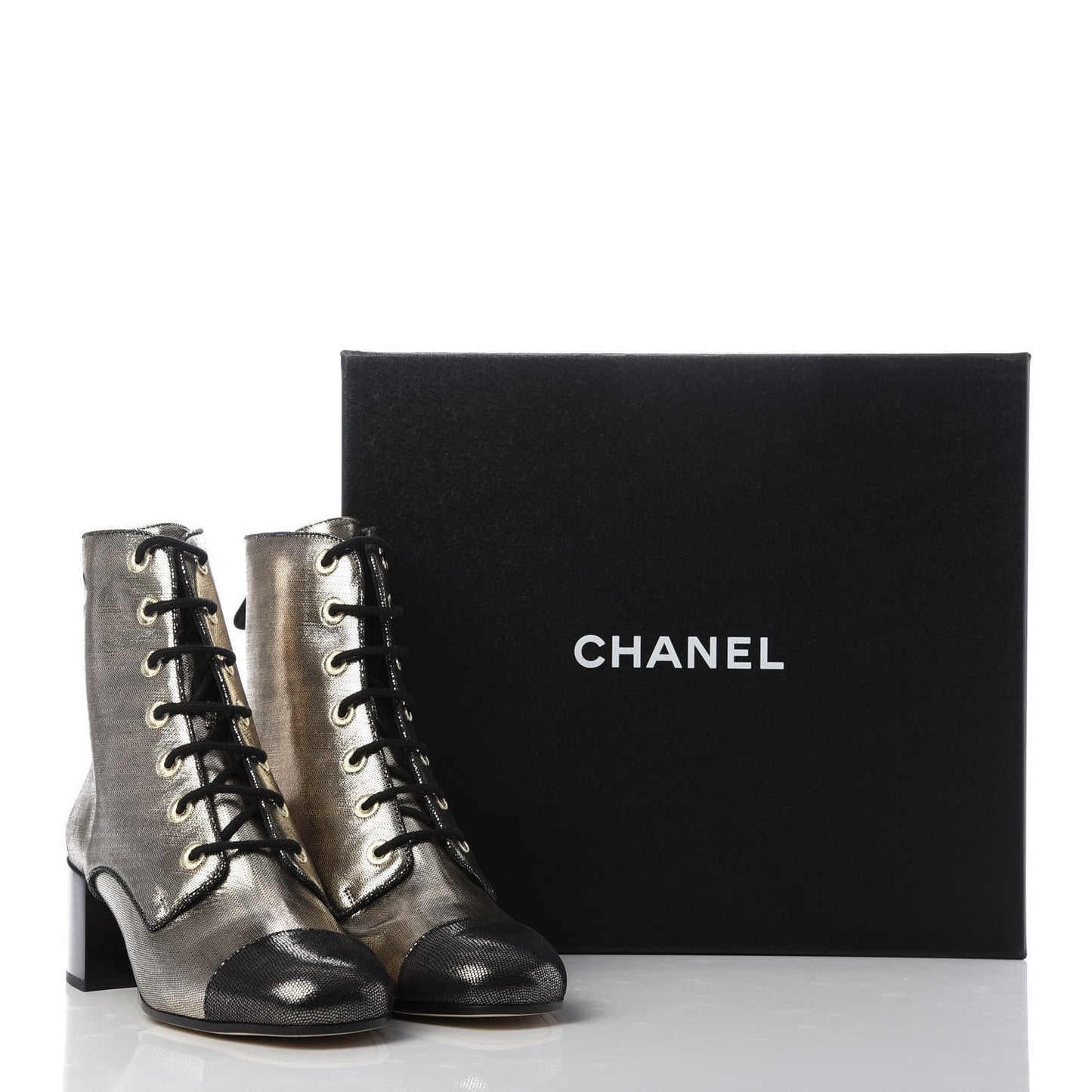 CHANEL LAMINATED CALFSKIN CC LACE-UP BOOTS