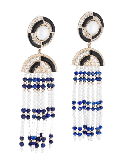 CHANEL LAPIS LAZULI FAUX PEARL & STRASS CC CHANDELIER EARRINGS