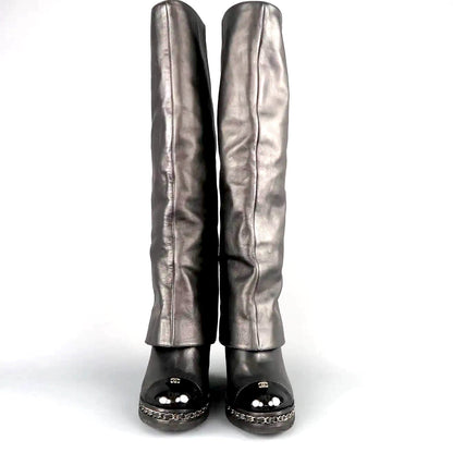CHANEL LEATHER FOLD OVER KNEE HIGH CAP TOE CHAIN WEDGE HEEL BOOTS