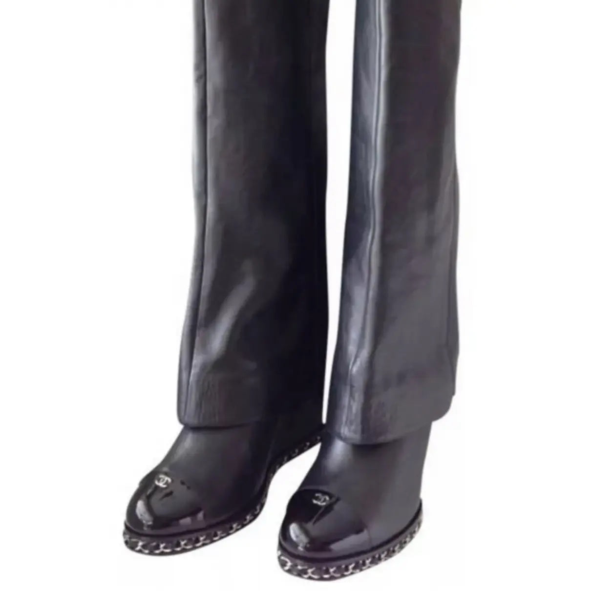 CHANEL LEATHER FOLD OVER KNEE HIGH CAP TOE CHAIN WEDGE HEEL BOOTS