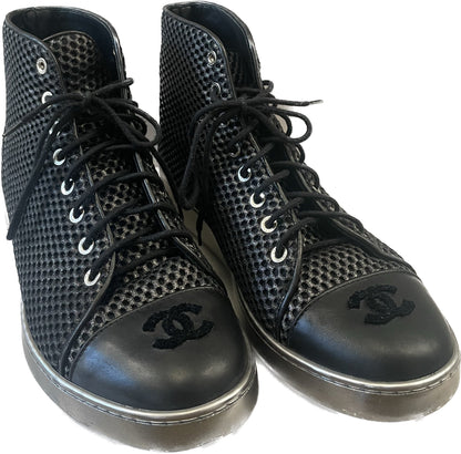 CHANEL CC METALLIC MESH LAMBSKIN HIGH-TOP SNEAKERS