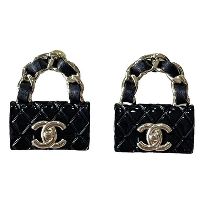 CHANEL METALLIC RESIN QUILTED CC TURNLOCK CHAIN FLAP EARRINGS