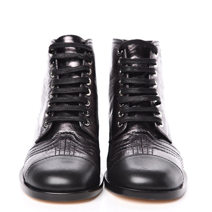 CHANEL CC METALLIC LACE UP COMBAT BOOTS