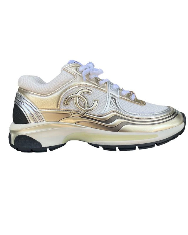 CHANEL MIXED FABRIC METALLIC LAMINATED CALFSKIN CC SNEAKERS