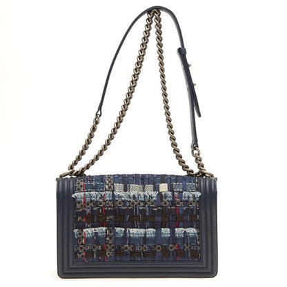 CHANEL NAVY BOUCLE TWEED DECHAINED CHAIN BOY FLAP BAG