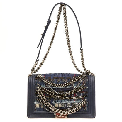 CHANEL NAVY BOUCLE TWEED DECHAINED CHAIN BOY FLAP BAG