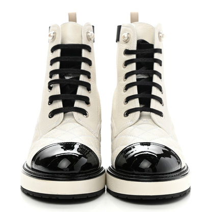 CHANEL PEARLY CALFSKIN QUILTED LACE-UP BOOTS