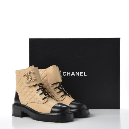 CHANEL QUILTED LAMBSKIN CC CHAIN COMBAT BOOTS