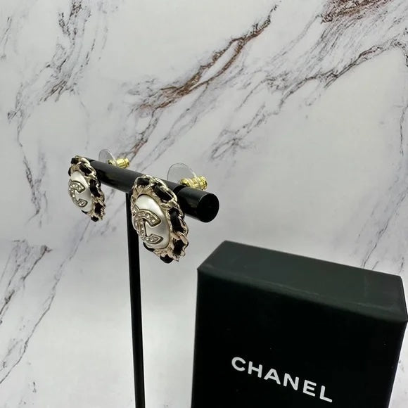 CHANEL ROUND CC CRYSTAL CHAIN GOLD-TONE EARRINGS