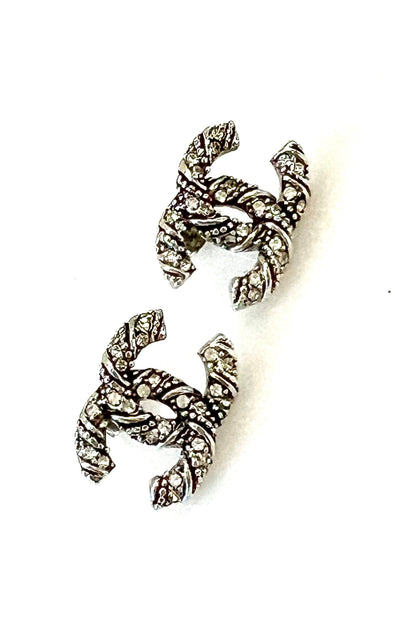 CHANEL CC SILVER TONE CRYSTAL EARRINGS
