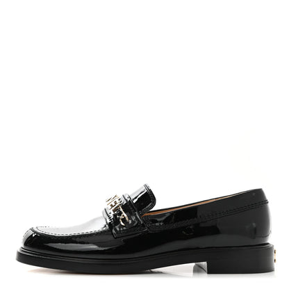 CHANEL SHINY PATENT CALFSKIN LOGO LOAFERS