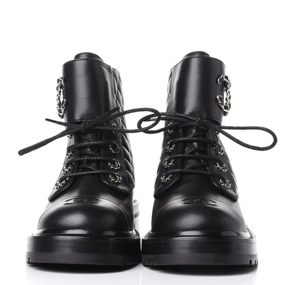 CHANEL SHINY QUILTED GOATSKIN CALFSKIN LACE-UP COMBAT BOOTS