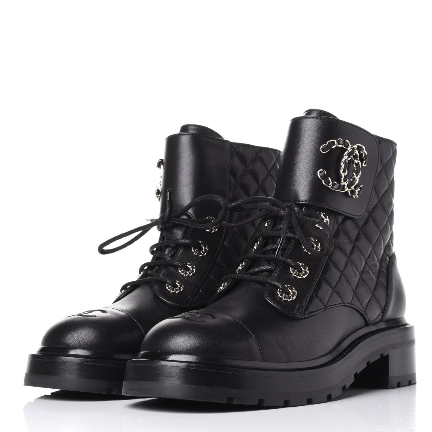 CHANEL SHINY QUILTED GOATSKIN CALFSKIN LACE-UP COMBAT BOOTS