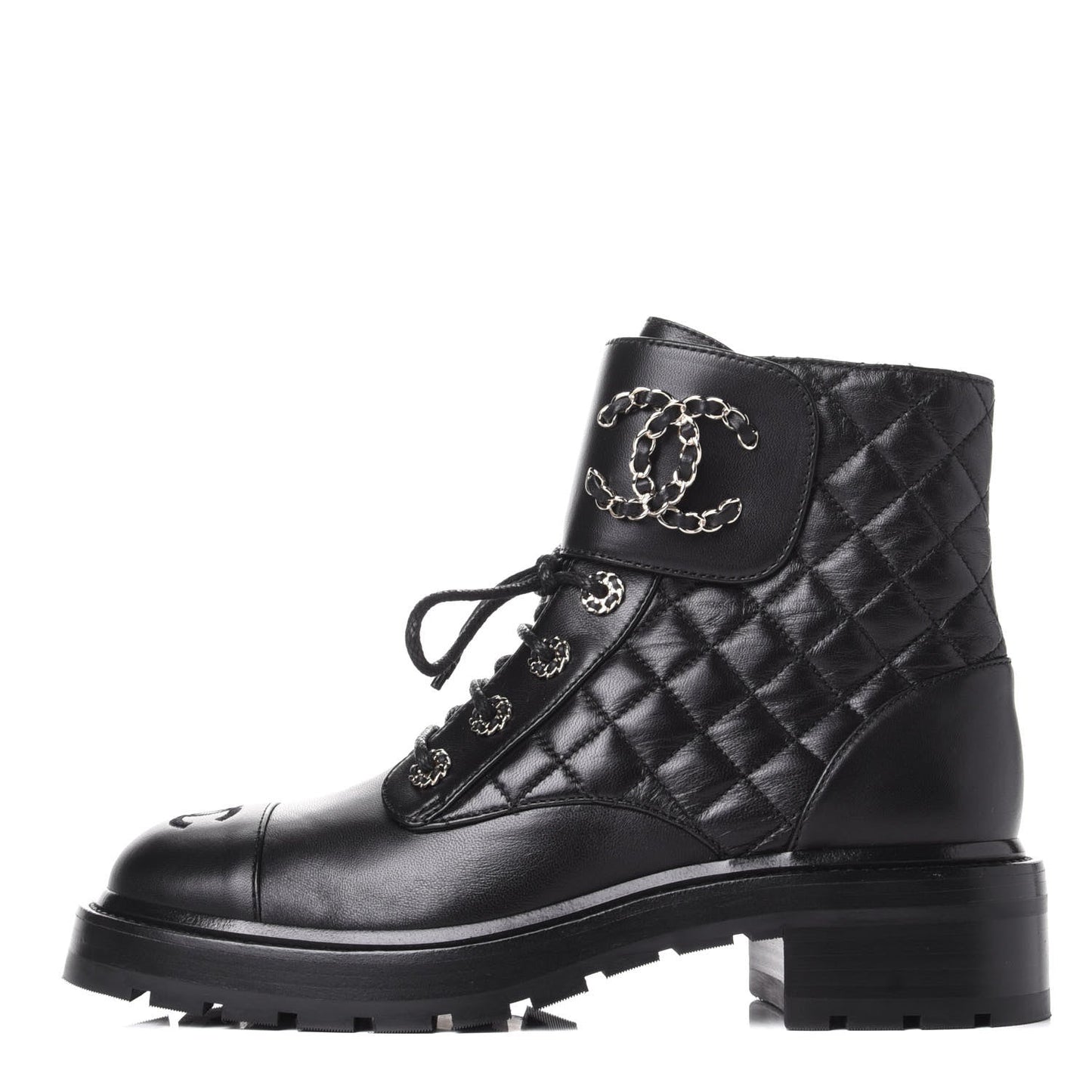 CHANEL SHINY QUILTED GOATSKIN CALFSKIN LACE-UP COMBAT BOOTS