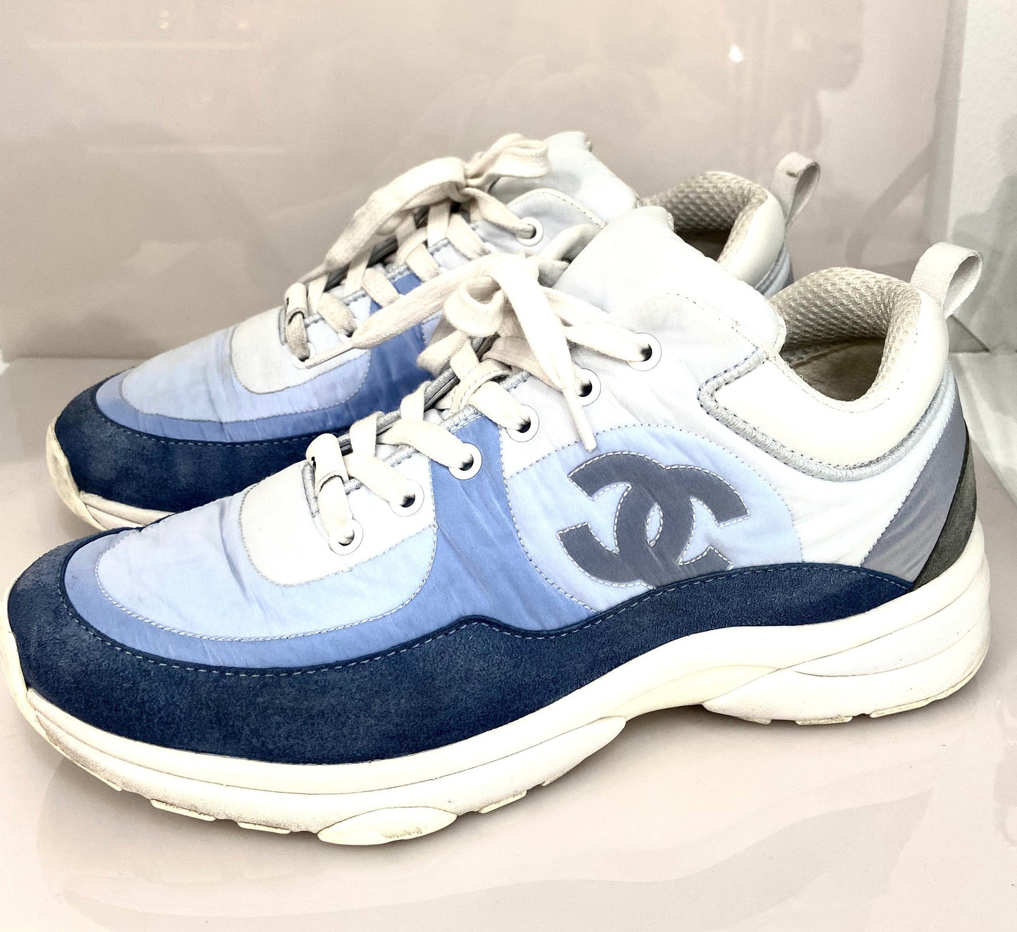 CHANEL CC SUEDE CALFSKIN NYLON SNEAKERS IN SKY BLUE
