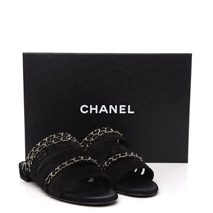 CHANEL SUEDE CALFSKIN CC CHAIN FLAT SLIDE SANDALS