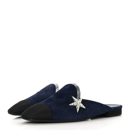 CHANEL SUEDE CALFSKIN GROSGRAIN CRYSTAL CC STAR MULES