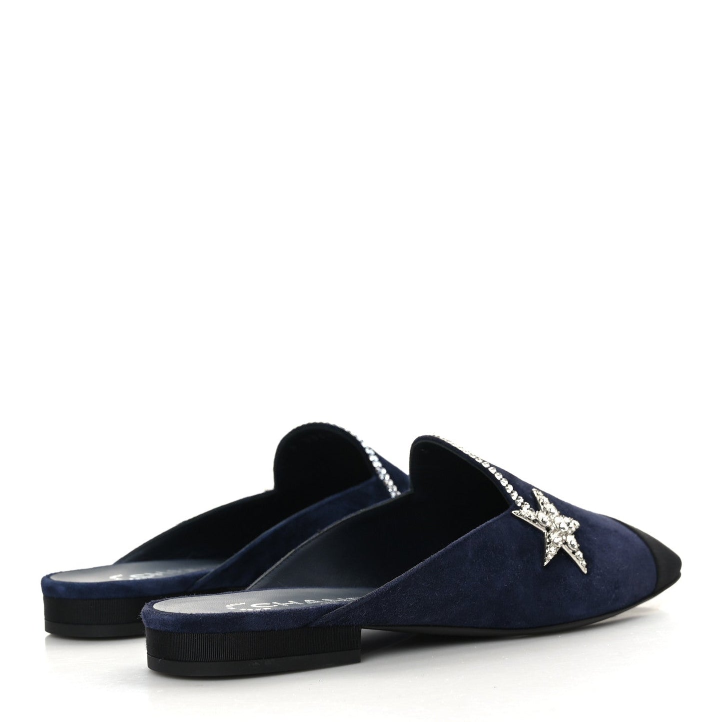 CHANEL SUEDE CALFSKIN GROSGRAIN CRYSTAL CC STAR MULES