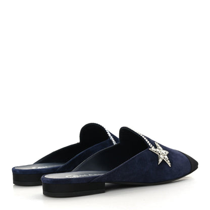CHANEL SUEDE CALFSKIN GROSGRAIN CRYSTAL CC STAR MULES