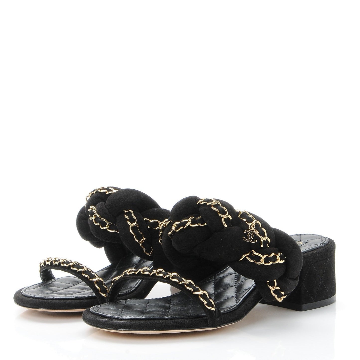 CHANEL SUEDE BRAIDED CHAIN CC CHARM MULES