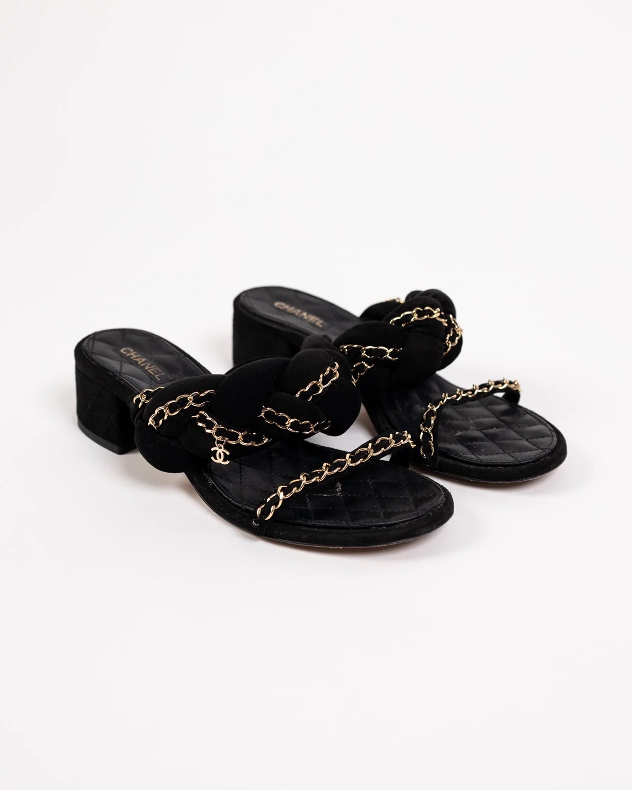 CHANEL SUEDE BRAIDED CHAIN CC CHARM MULES