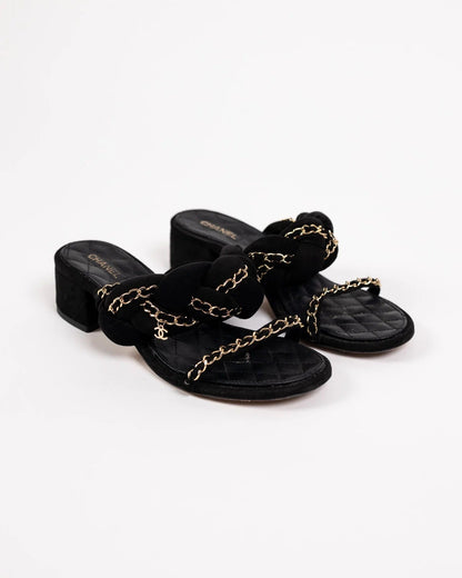CHANEL SUEDE BRAIDED CHAIN CC CHARM MULES