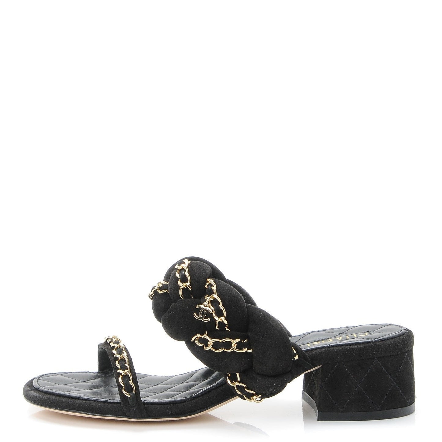 CHANEL SUEDE BRAIDED CHAIN CC CHARM MULES