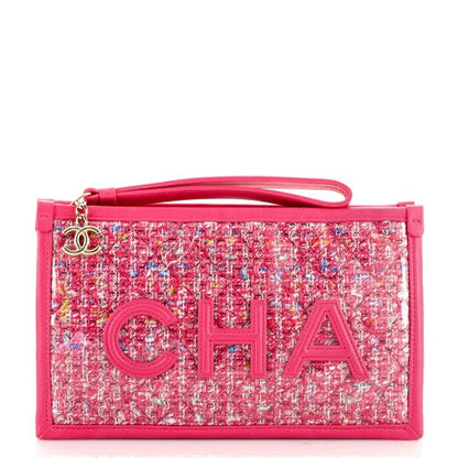 CHANEL TWEED PVC LAMBSKIN LEATHER WRISTLET CLUTCH