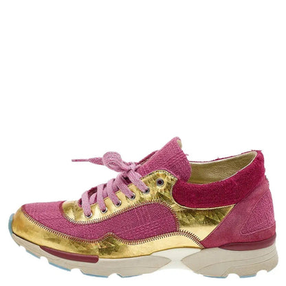 CHANEL PINK GOLD TWEED & FABRIC CC SNEAKERS