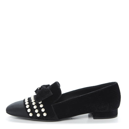 CHANEL VELVET GROSGRAIN PEARLS MOCCASIN LOAFERS