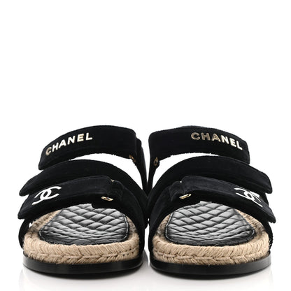 CHANEL CC VELVET LAMBSKIN FLAT SANDALS