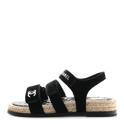 CHANEL CC VELVET LAMBSKIN FLAT SANDALS