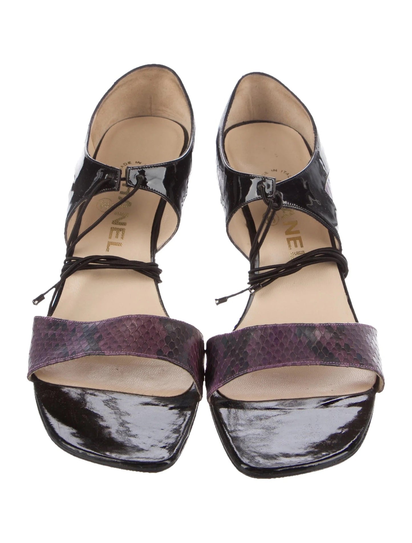 CHANEL VINTAGE SNAKESKIN TRIMMED PATENT HEELED SANDALS
