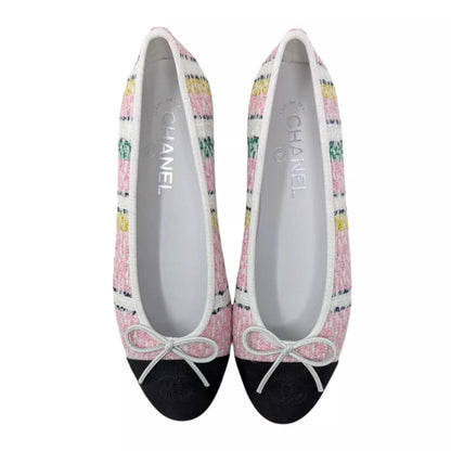 CHANEL TWEED METALLIC GROSGRAIN CAP TOE BALLET FLATS