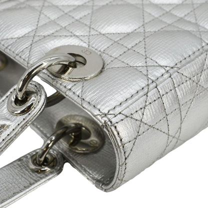 CHRISTIAN DIOR Lady Dior Lambskin Leather Shoulder Bag Metallic Silver