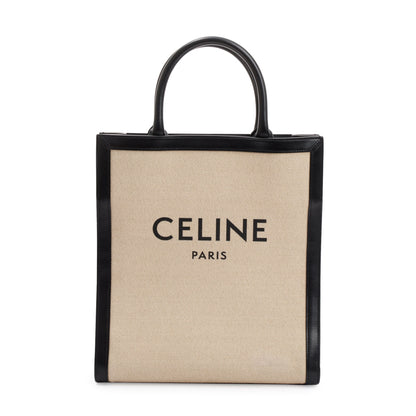 Celine 2021 Small Beige Canvas Black Calfskin Logo Vertical Cabas Tote